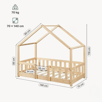 Lit cabane avec barrière 70x140cm - Bois naturel