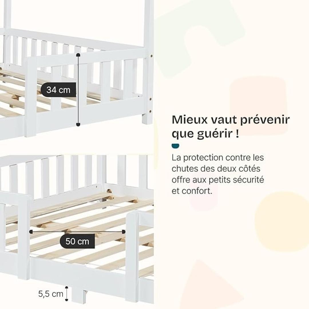 Grand lit cabane double avec barrière - 120x200cm - Blanc
