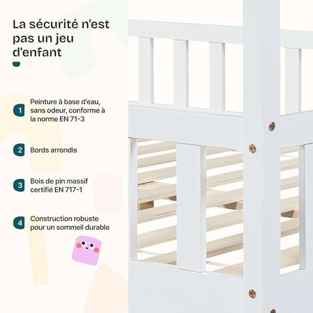 Grand lit cabane avec barrière et matelas - 120x200cm - Blanc
