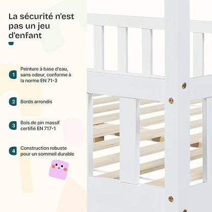 Grand lit cabane avec barrière et matelas - 120x200cm - Blanc