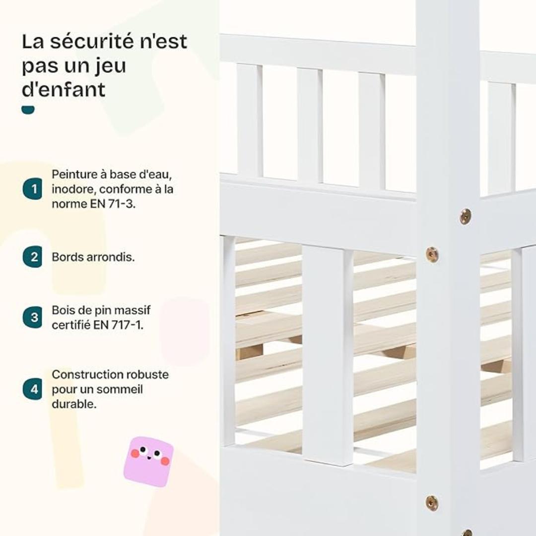 Grand lit cabane double avec barrière - 120x200cm - Blanc