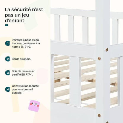 Grand lit cabane double avec barrière - 120x200cm - Blanc