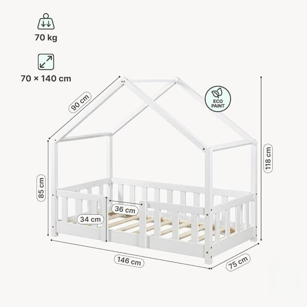 Lit cabane avec barrière 70x140cm - Blanc