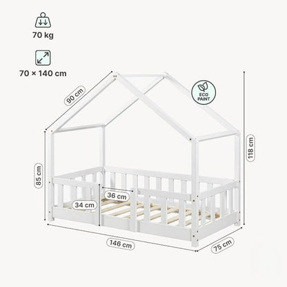 Lit cabane avec barrière 70x140cm - Blanc