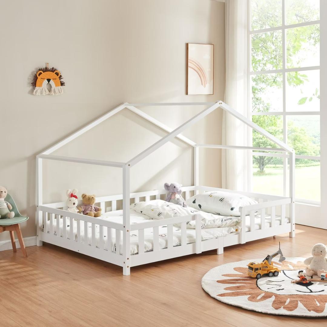 Grand lit cabane double avec barrière - 120x200cm - Blanc