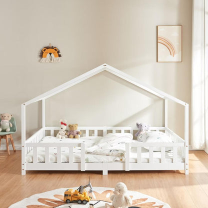 Grand lit cabane double avec barrière - 120x200cm - Blanc