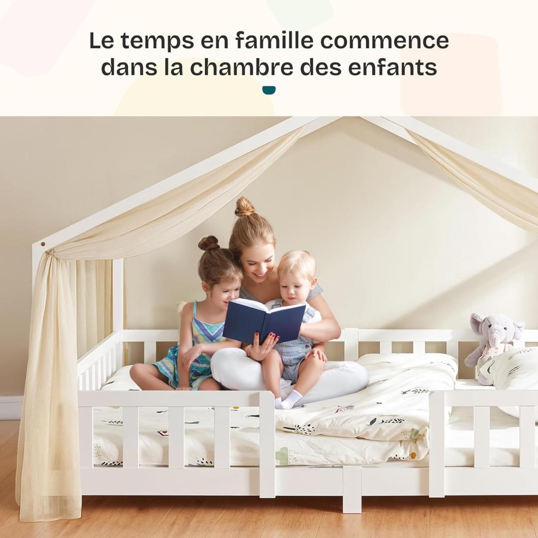 Grand lit cabane avec barrière et matelas - 120x200cm - Blanc