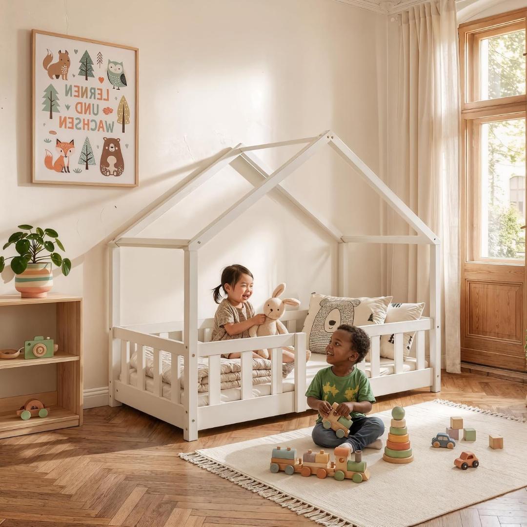 Lit cabane avec barrière 70x140cm - Blanc
