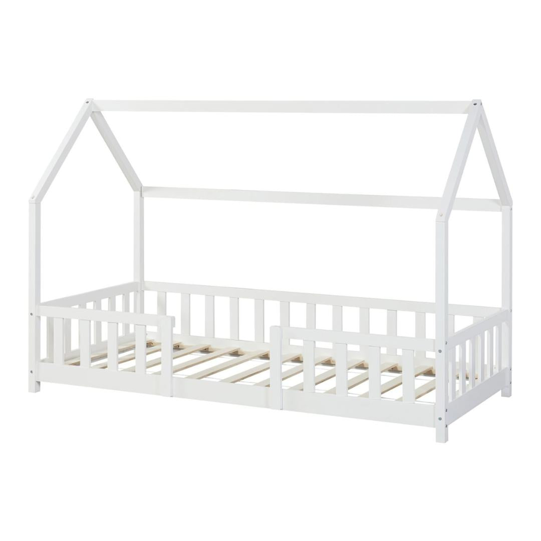 Lit cabane avec barrière + matelas - 90x200cm - Blanc