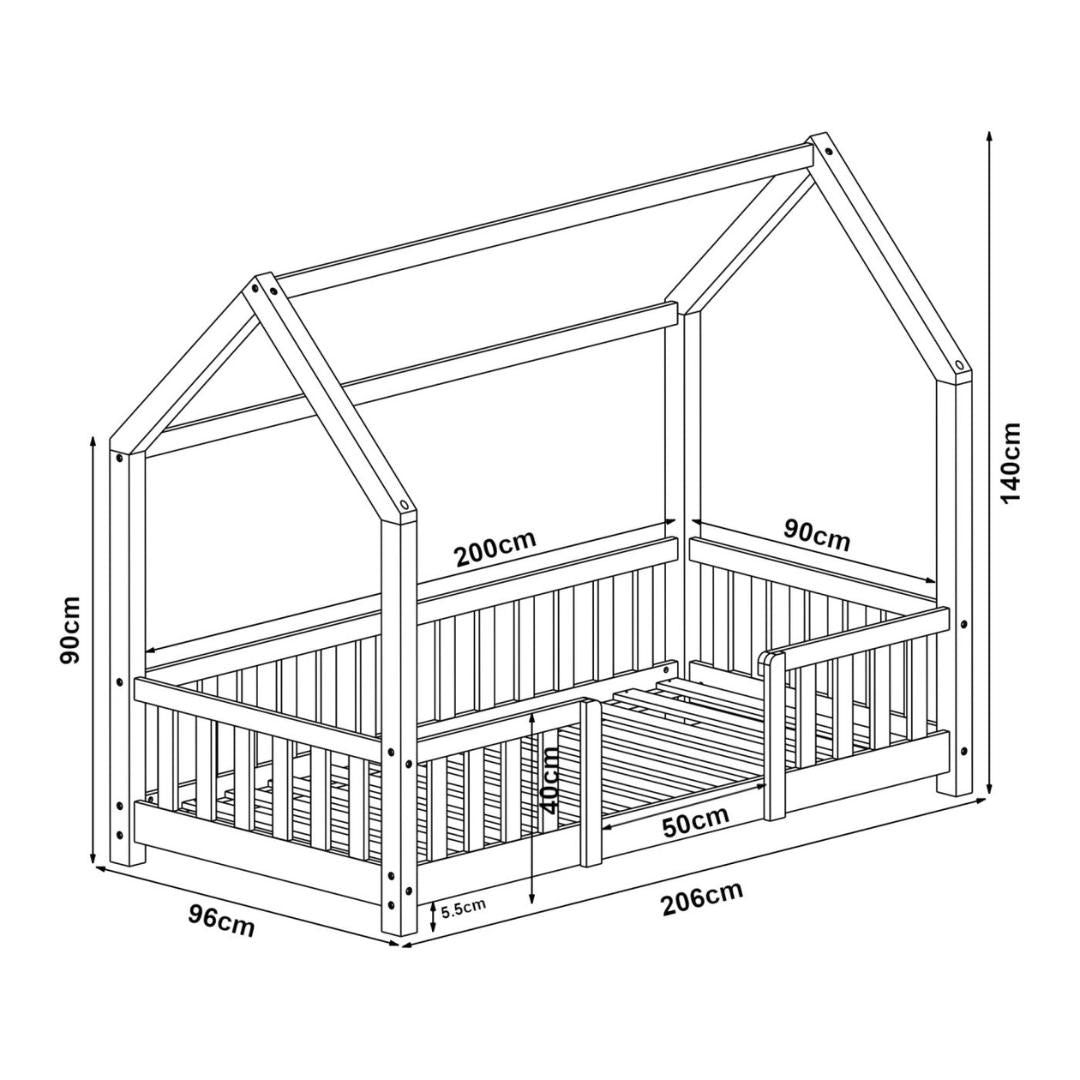 Lit cabane avec barrière + matelas - 90x200cm - Blanc
