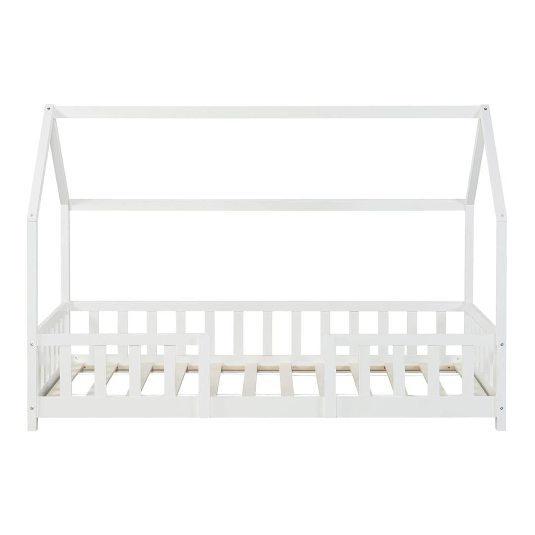 Lit cabane avec barrière + matelas - 90x200cm - Blanc