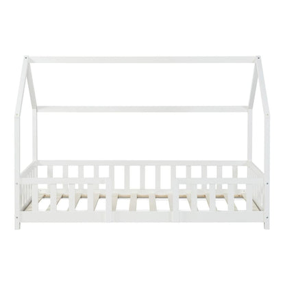Lit cabane avec barrière + matelas - 90x200cm - Blanc