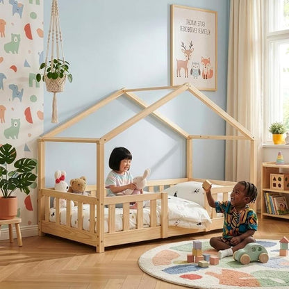 Lit cabane avec barrière + matelas 70x140cm - Bois naturel
