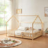 Grand lit cabane double avec barrière - 120x200cm - Bois naturel