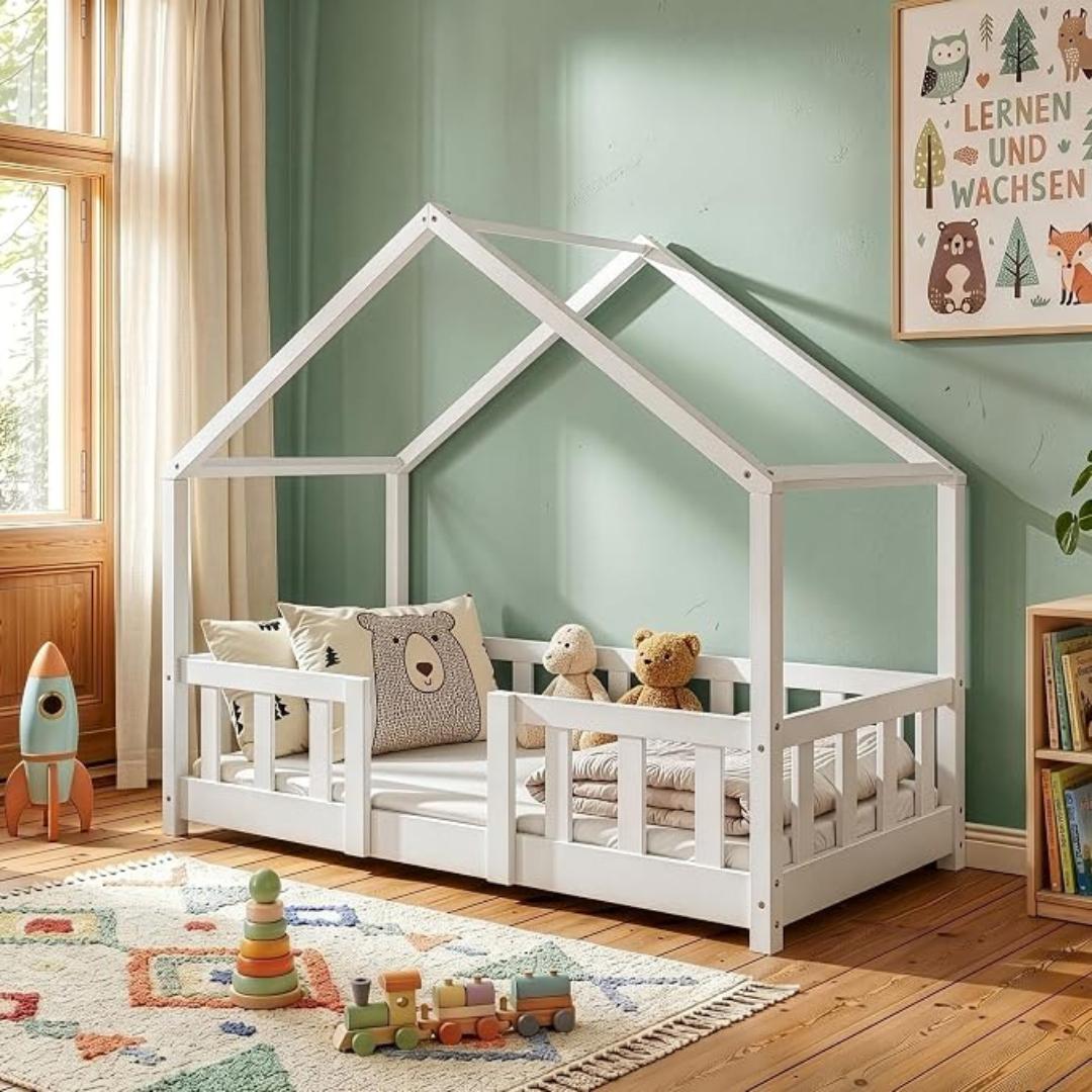 Lit cabane avec barrière 70x140cm - Blanc