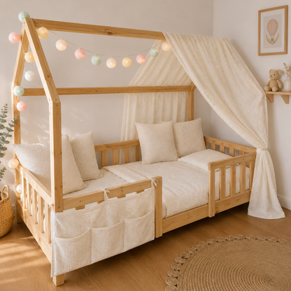 Pack lit cabane + ciel de lit + guirlande + range-doudou