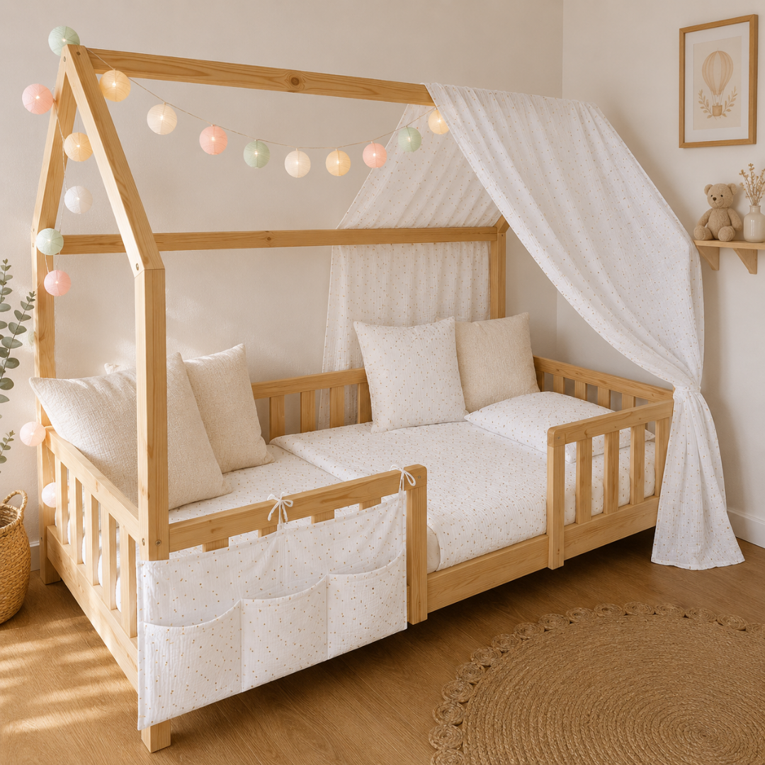 Pack lit cabane + ciel de lit + guirlande + range-doudou