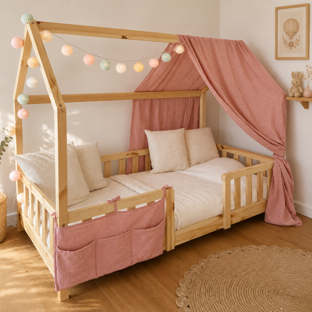 Pack lit cabane + ciel de lit + guirlande + range-doudou