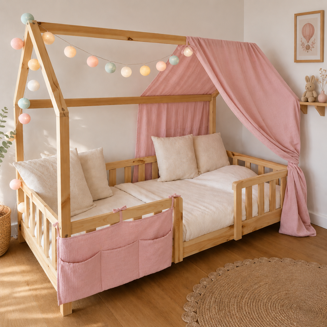 Pack lit cabane + ciel de lit + guirlande + range-doudou