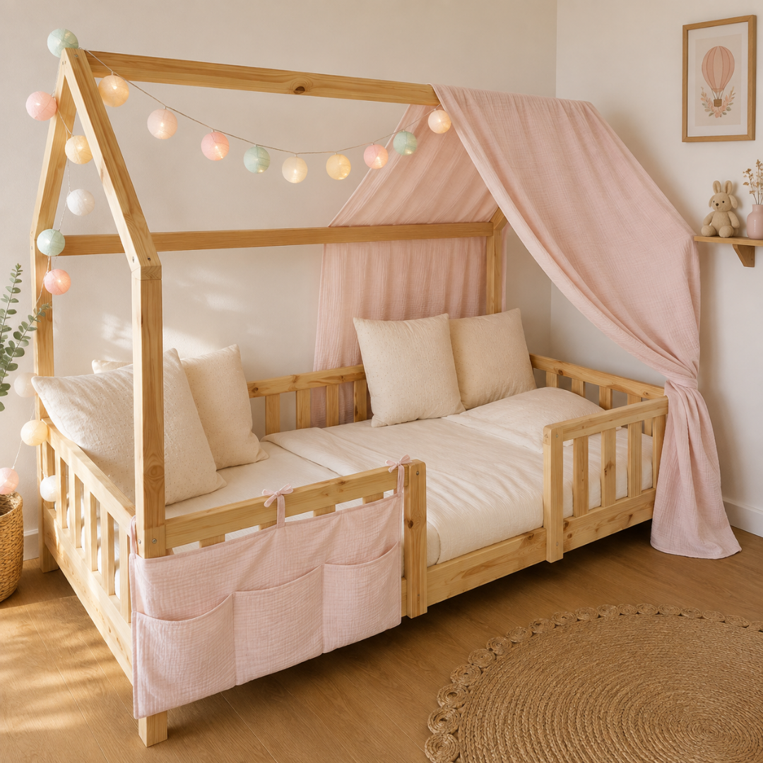 Pack lit cabane + ciel de lit + guirlande + range-doudou