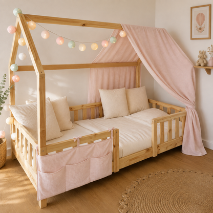 Pack lit cabane + ciel de lit + guirlande + range-doudou