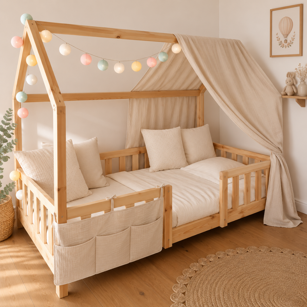 Pack lit cabane + ciel de lit + guirlande + range-doudou