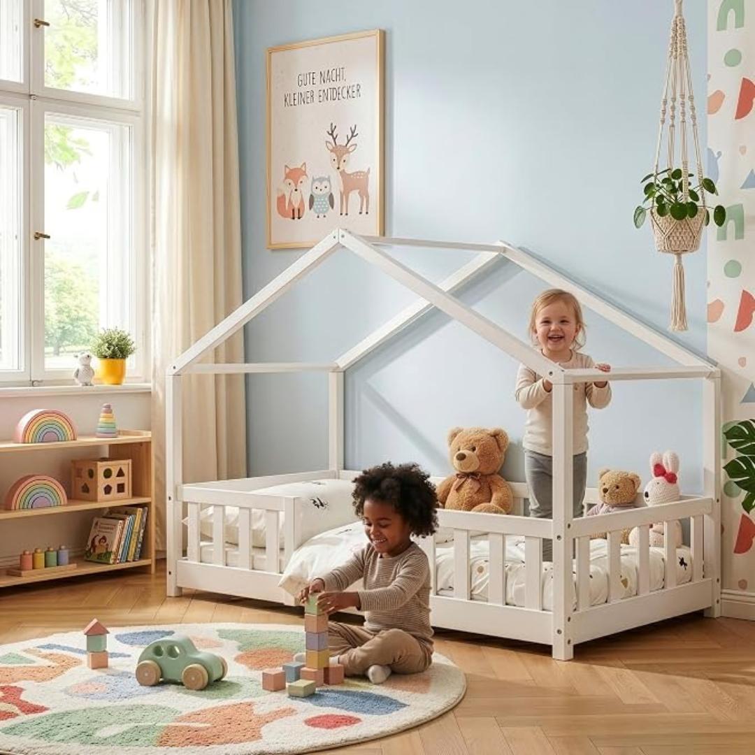 Lit cabane avec barrière - 80x160cm - Blanc