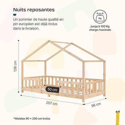 Lit cabane en bois naturel avec barrière et matelas 90x200cm