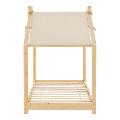 Pack lit cabane + ciel de lit + matelas 90x200cm - Bois naturel