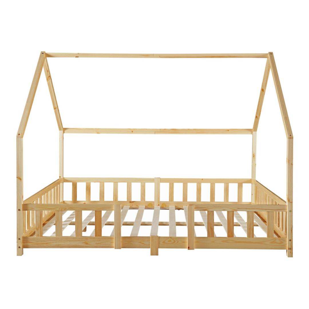 Grand lit cabane double avec barrière - 140x200cm - Bois naturel
