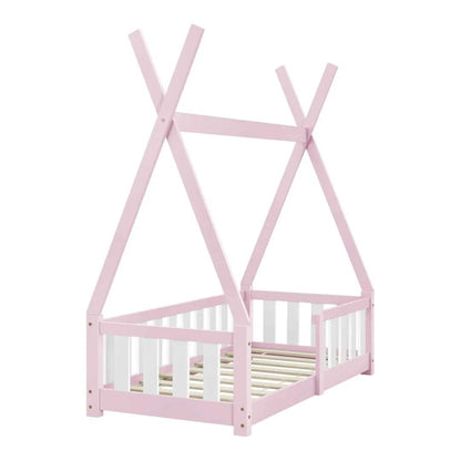 Lit tipi 70x140cm avec barrière - Rose &amp; blanc