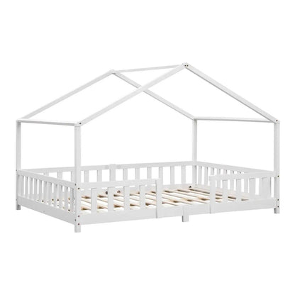 Grand lit cabane double avec barrière - 140x200cm - Blanc