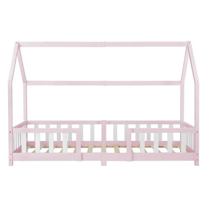 Lit cabane avec barrière - 90x200cm - Rose