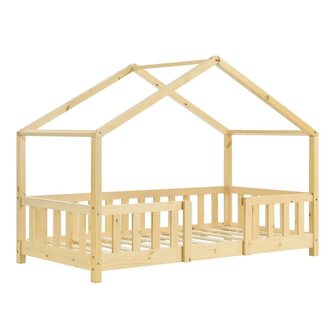 Lit cabane avec barrière 70x140cm - Bois naturel