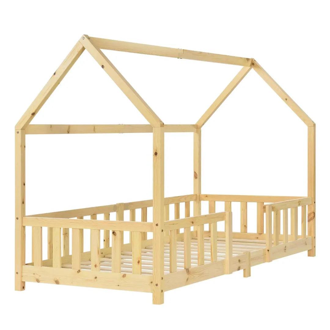 Lit cabane avec barrière 90x200cm Bois naturel