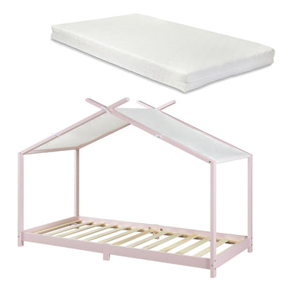 Pack lit cabane + ciel de lit + matelas 90x200cm - Rose