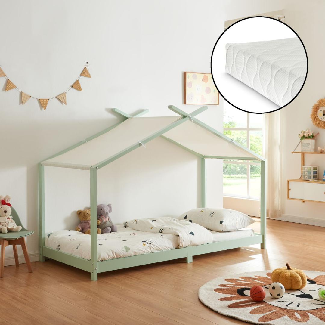 Pack lit cabane + ciel de lit + matelas 90x200cm - Vert menthe