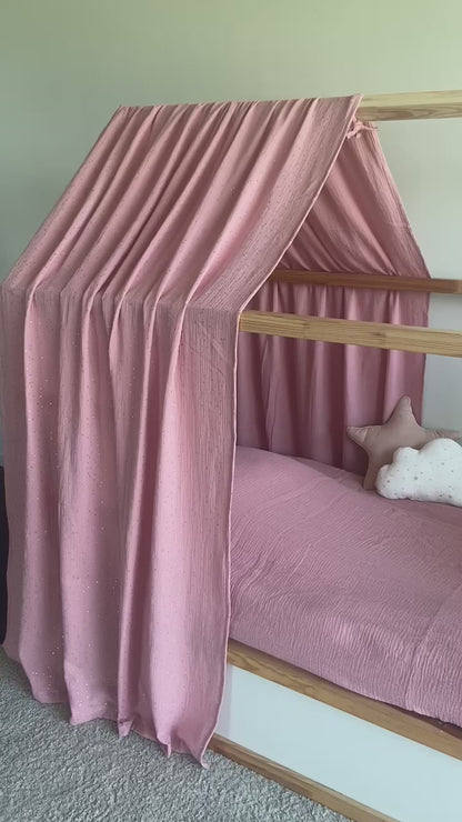 Ciel de lit rose à pois dorés pour lit Kura IKEA
