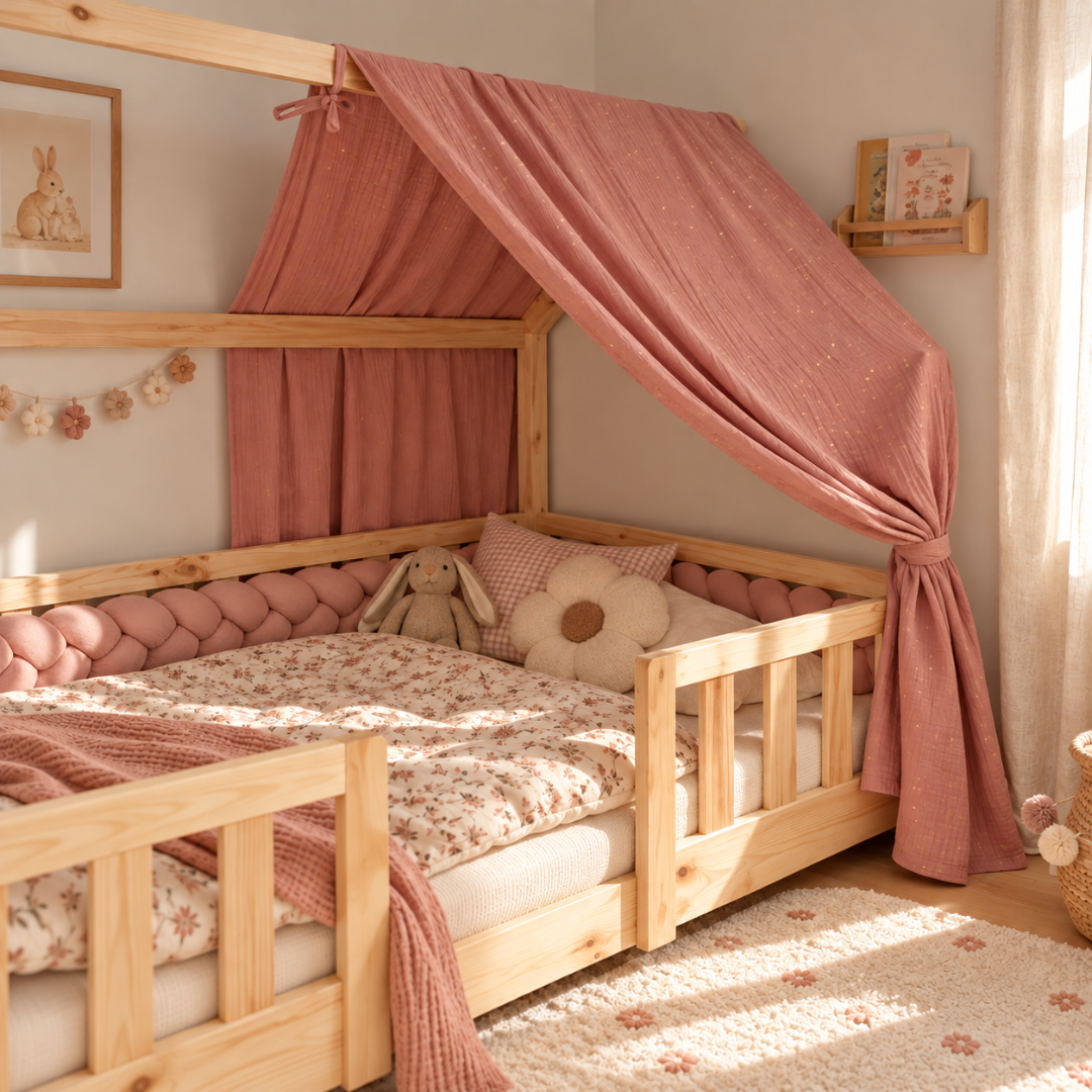 Ciel de lit cabane Rose pois dorés