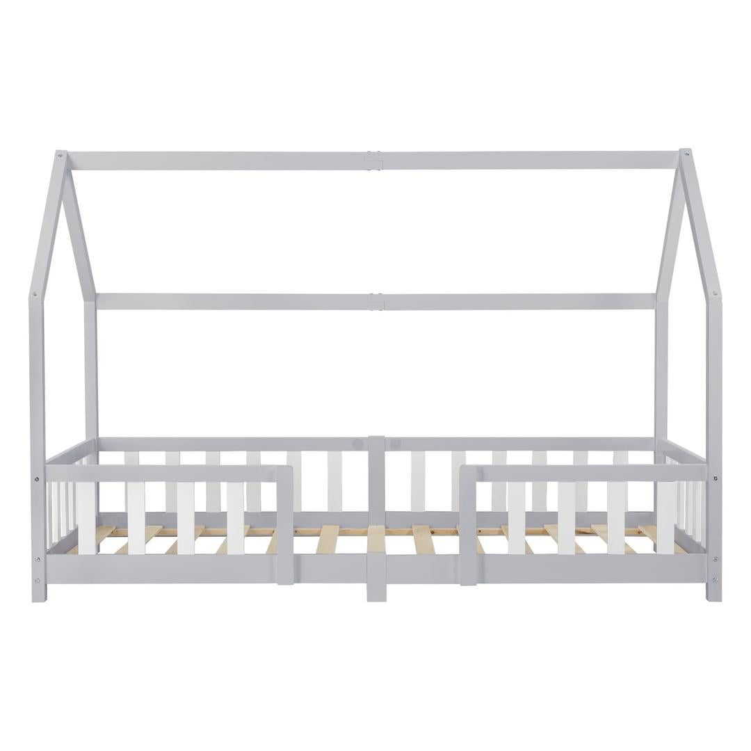 Lit cabane avec barrière + matelas - 90x200cm - Gris &amp; blanc