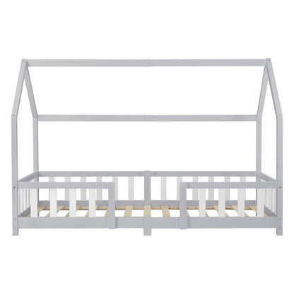 Lit cabane avec barrière + matelas - 90x200cm - Gris &amp; blanc