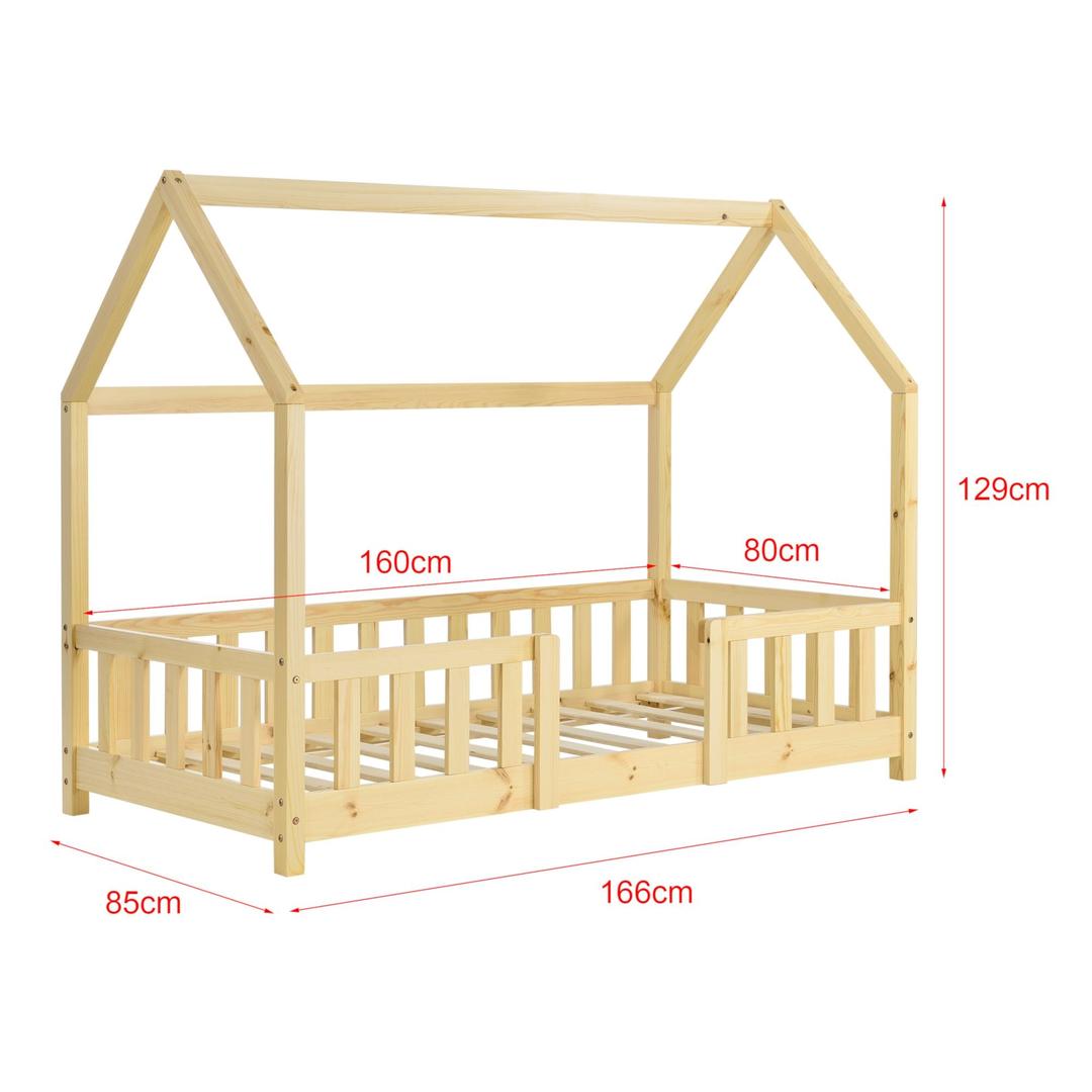 Lit cabane en bois naturel avec barrière amovible + matelas - 80x160cm