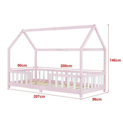 Lit cabane avec barrière + matelas - 90x200cm - Rose &amp; Blanc