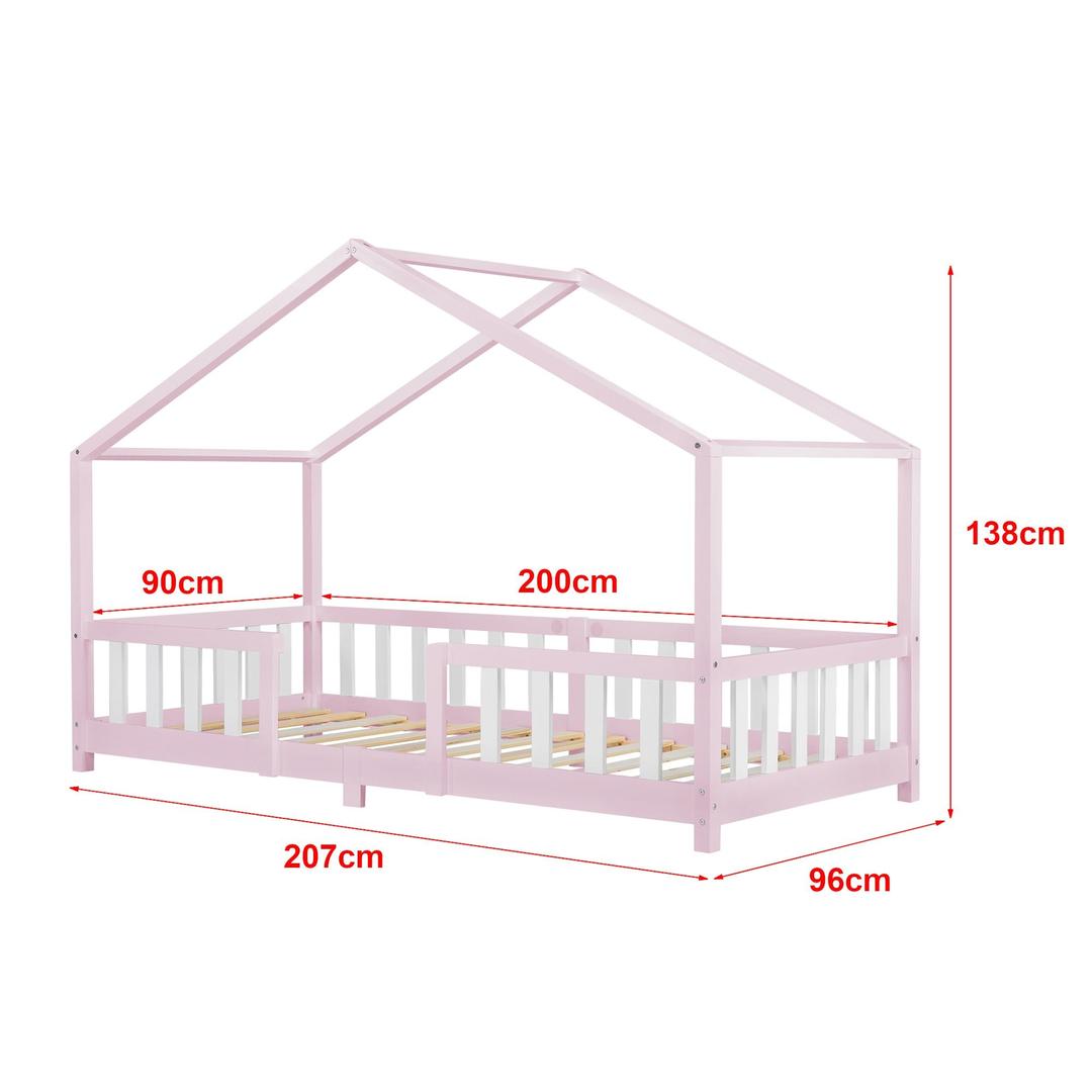 Lit cabane avec barrière + matelas - 90x200cm - Rose &amp; Blanc