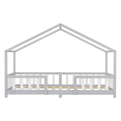 Lit cabane avec barrière + matelas - 90x200cm - Gris &amp; Blanc