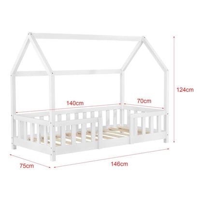 Lit cabane avec barrière + matelas 70x140cm - Blanc