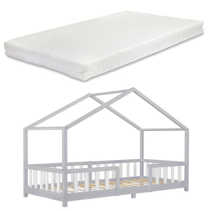Lit cabane avec barrière + matelas - 90x200cm - Gris &amp; Blanc