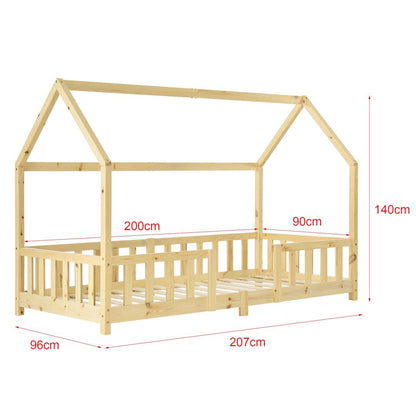Lit cabane avec barrière + matelas - 90x200cm - Bois naturel