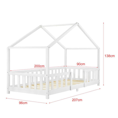 Lit cabane avec barrière + matelas - 90x200cm - Blanc