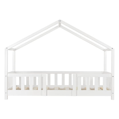 Lit cabane avec barrière + matelas - 80x160cm - Blanc